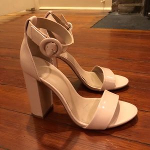 Nude Patent Leather Ankle Strap Block Heels